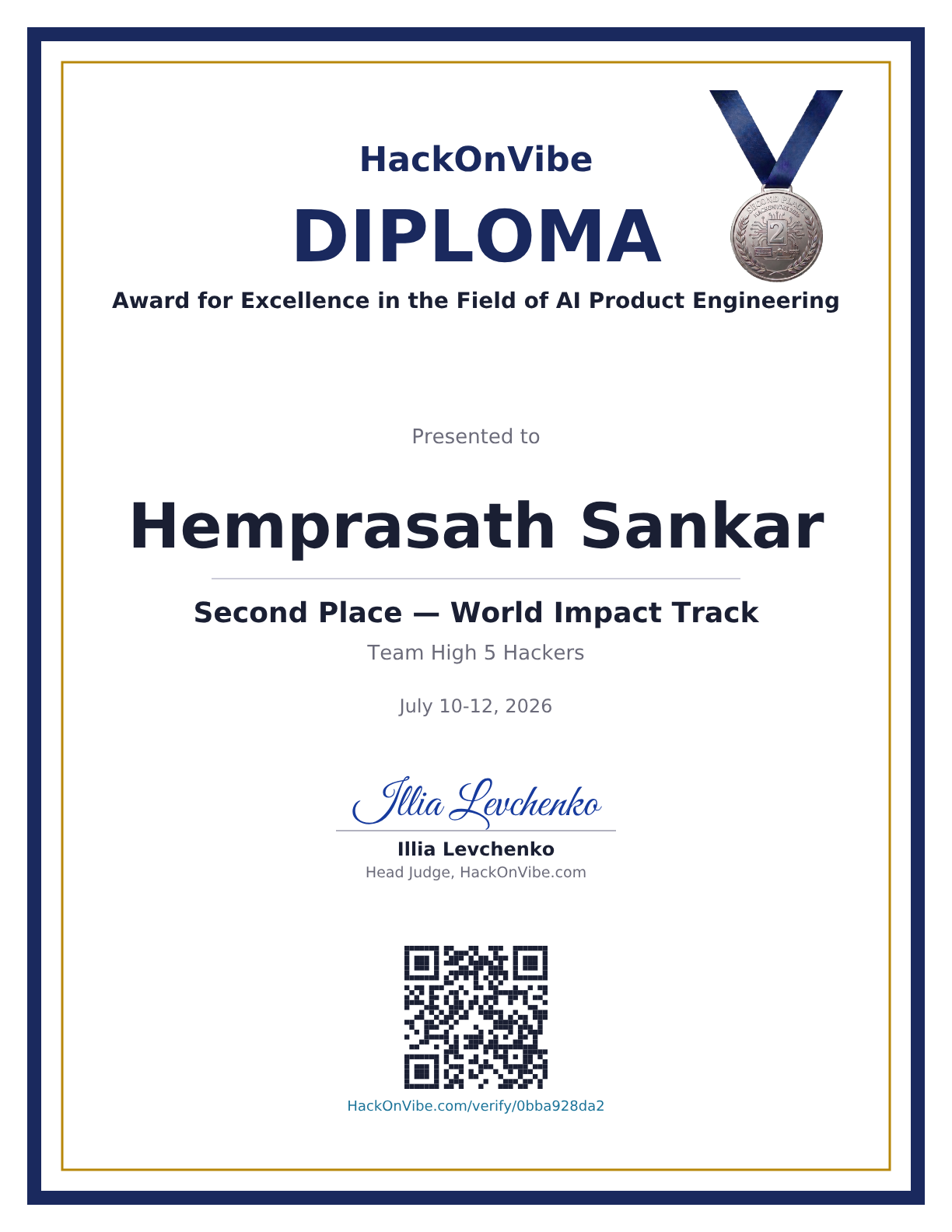 Award for Excellence in the Field of AI Product Engineering — Hemprasath Sankar, Second Place — World Impact Track, Team High 5 Hackers