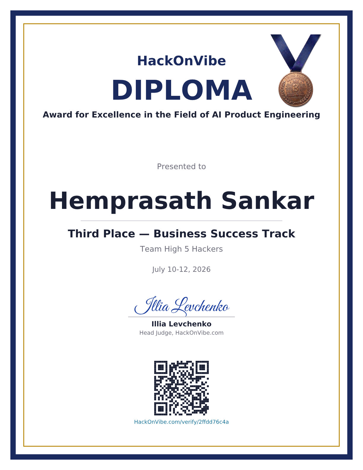 Award for Excellence in the Field of AI Product Engineering — Hemprasath Sankar, Third Place — Business Success Track, Team High 5 Hackers