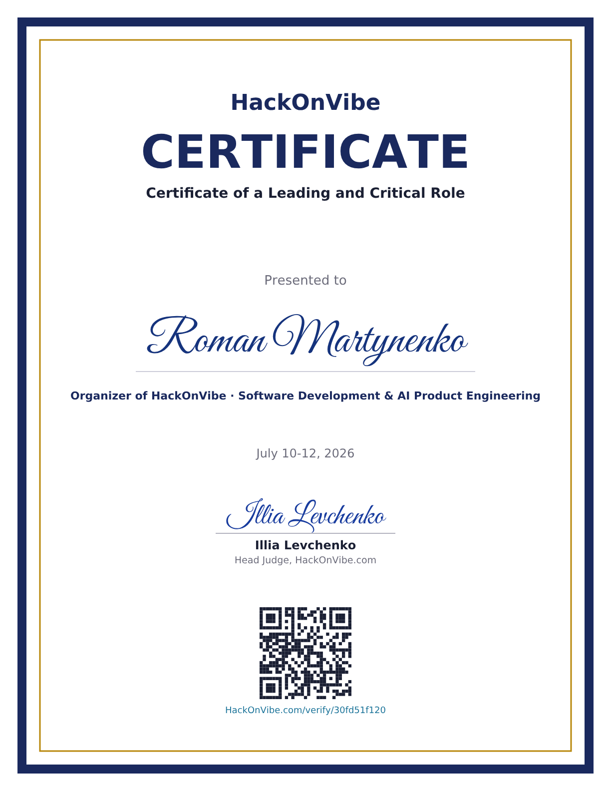 Certificate of a Leading and Critical Role — Roman Martynenko, Organizer of HackOnVibe · Software Development & AI Product Engineering