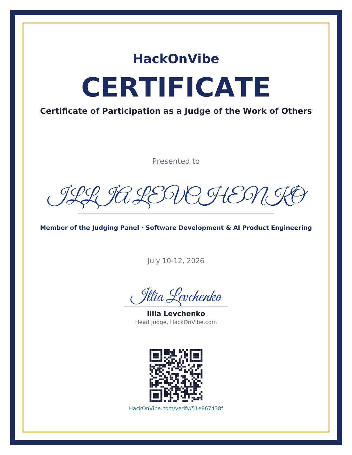 Certificate of Participation as a Judge of the Work of Others — ILLIA LEVCHENKO, Member of the Judging Panel · Software Development & AI Product Engineering