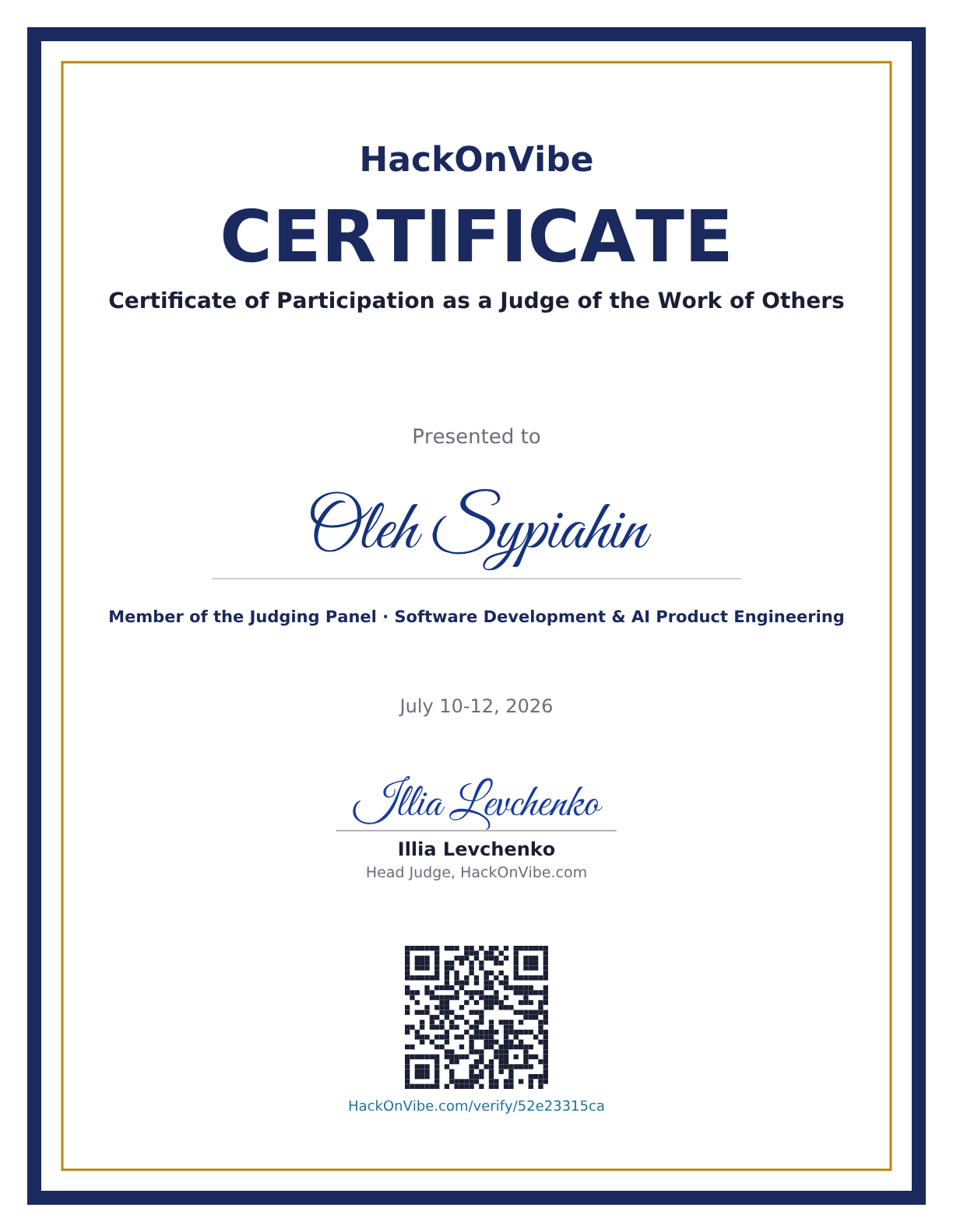 Certificate of Participation as a Judge of the Work of Others — Oleh Sypiahin, Member of the Judging Panel · Software Development & AI Product Engineering
