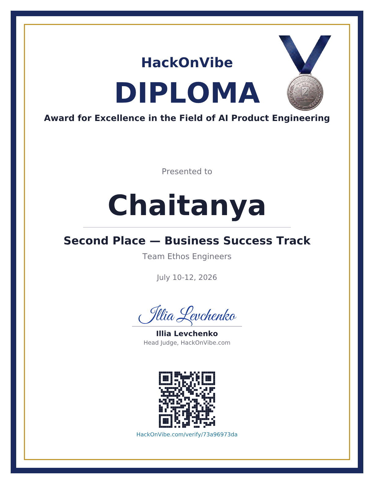 Award for Excellence in the Field of AI Product Engineering — Chaitanya, Second Place — Business Success Track, Team Ethos Engineers