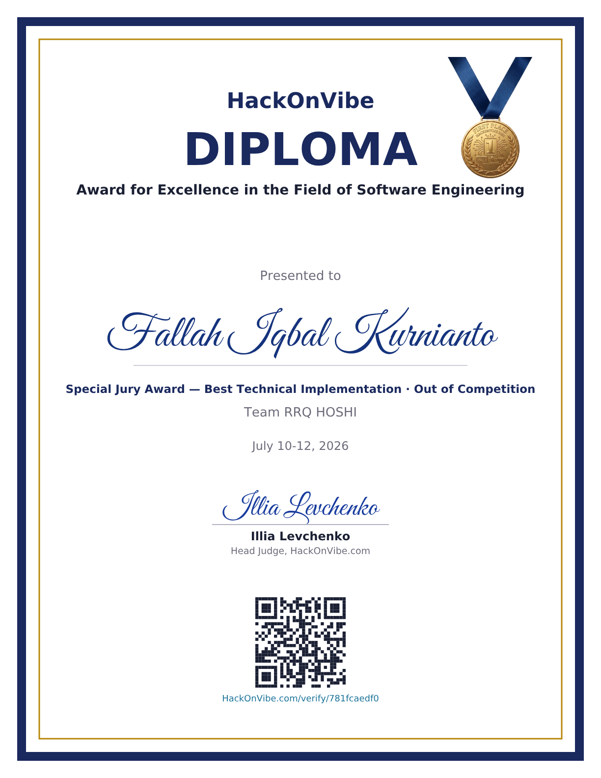 Award for Excellence in the Field of Software Engineering — Fallah Iqbal Kurnianto, Special Jury Award — Best Technical Implementation · Out of Competition, Team RRQ HOSHI
