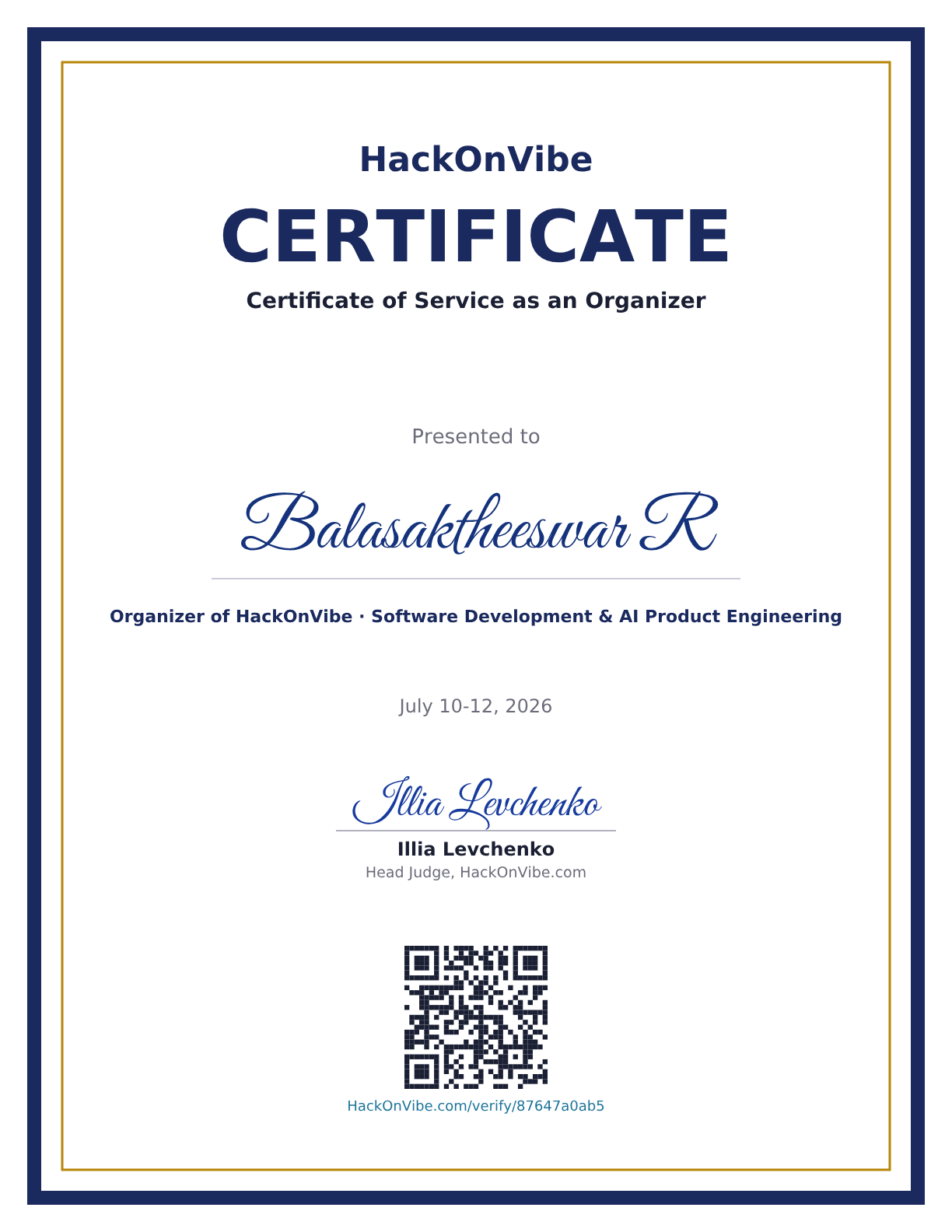 Certificate of Service as an Organizer — Balasaktheeswar R, Organizer of HackOnVibe · Software Development & AI Product Engineering