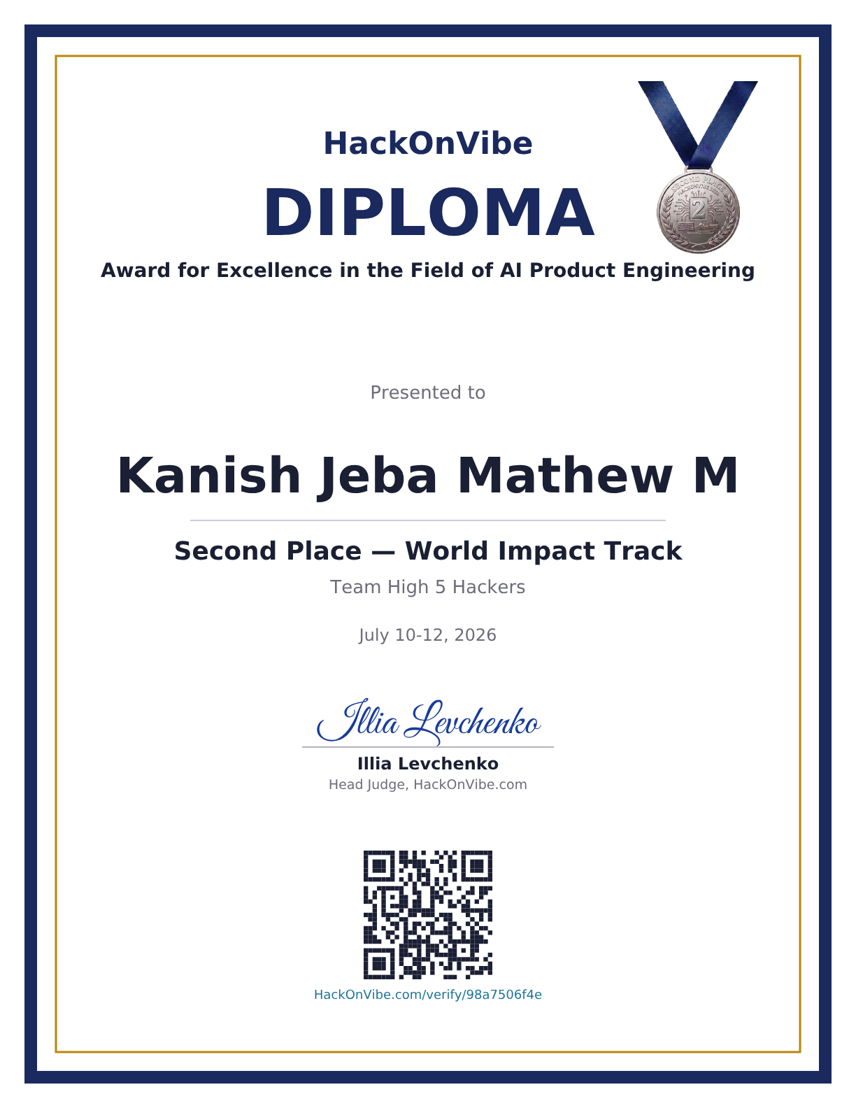 Award for Excellence in the Field of AI Product Engineering — Kanish Jeba Mathew M, Second Place — World Impact Track, Team High 5 Hackers