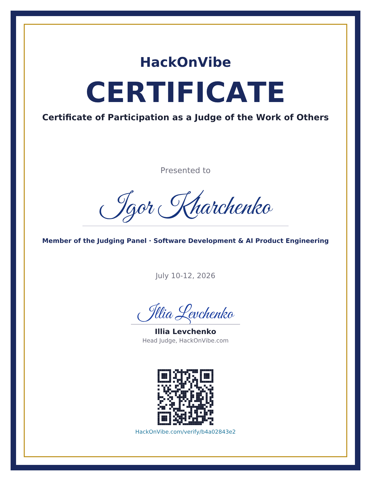 Certificate of Participation as a Judge of the Work of Others — Igor Kharchenko, Member of the Judging Panel · Software Development & AI Product Engineering