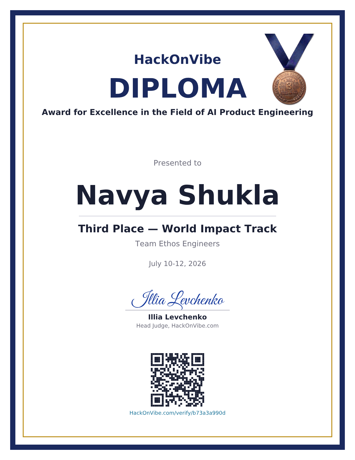 Award for Excellence in the Field of AI Product Engineering — Navya Shukla, Third Place — World Impact Track, Team Ethos Engineers