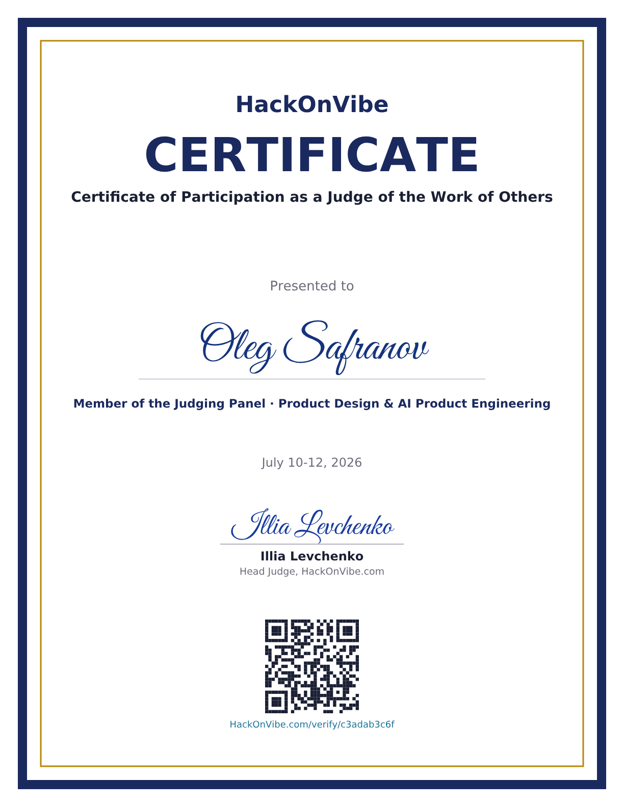 Certificate of Participation as a Judge of the Work of Others — Oleg Safranov, Member of the Judging Panel · Software Development & AI Product Engineering