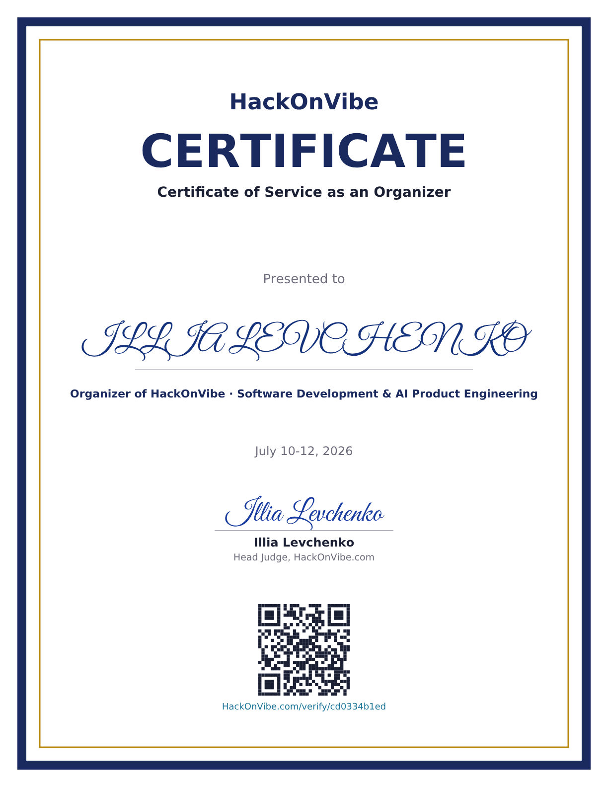Certificate of Service as an Organizer — ILLIA LEVCHENKO, Organizer of HackOnVibe · Software Development & AI Product Engineering