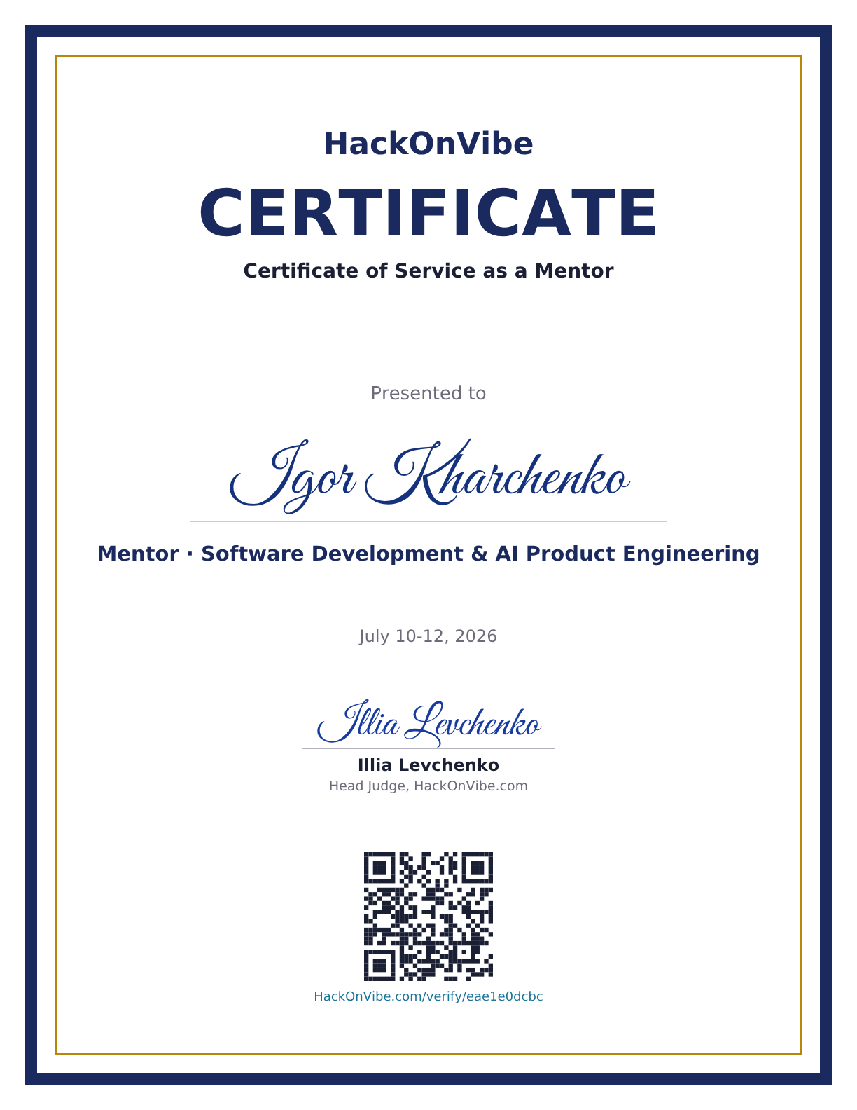Certificate of Service as a Mentor — Igor Kharchenko, Mentor · Software Development & AI Product Engineering
