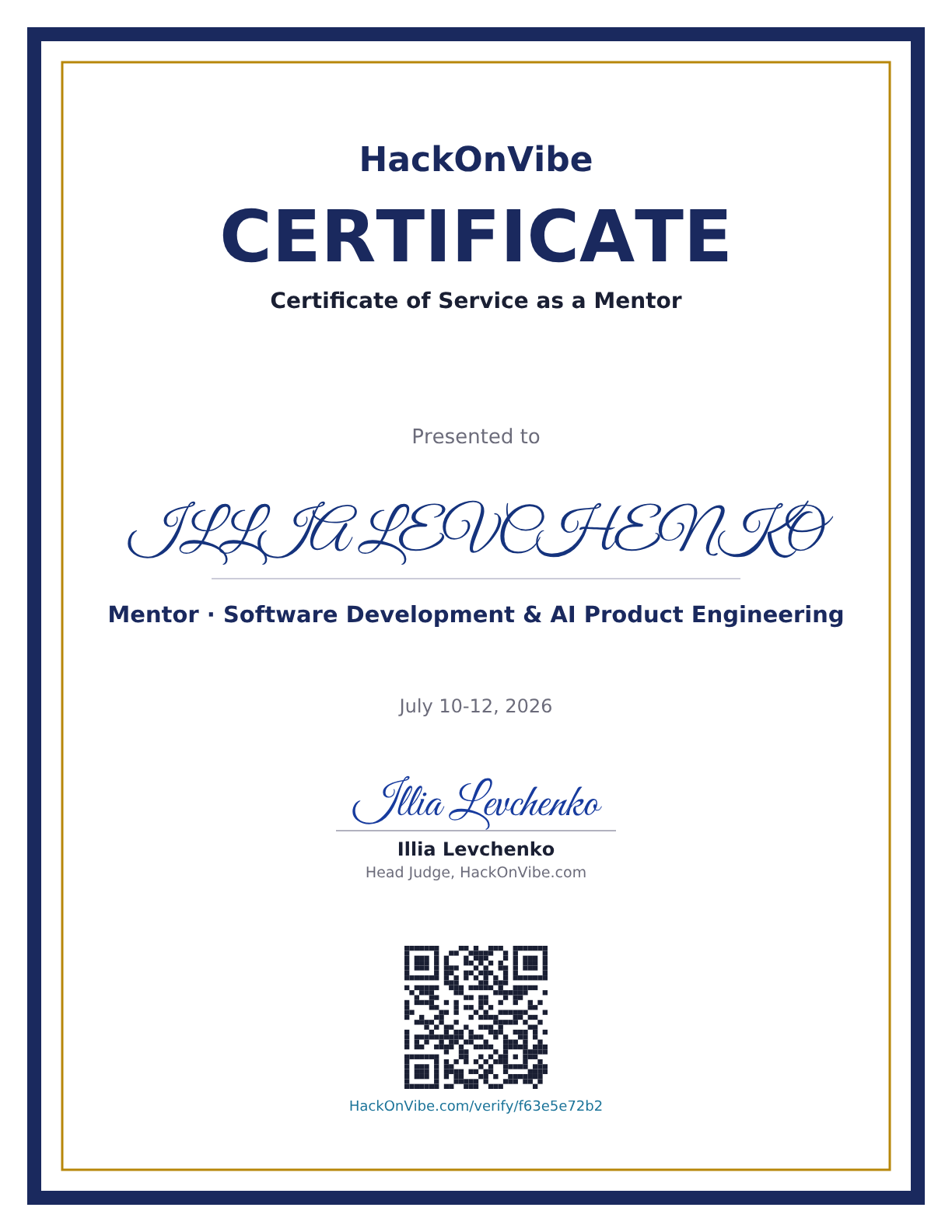 Certificate of Service as a Mentor — ILLIA LEVCHENKO, Mentor · Software Development & AI Product Engineering