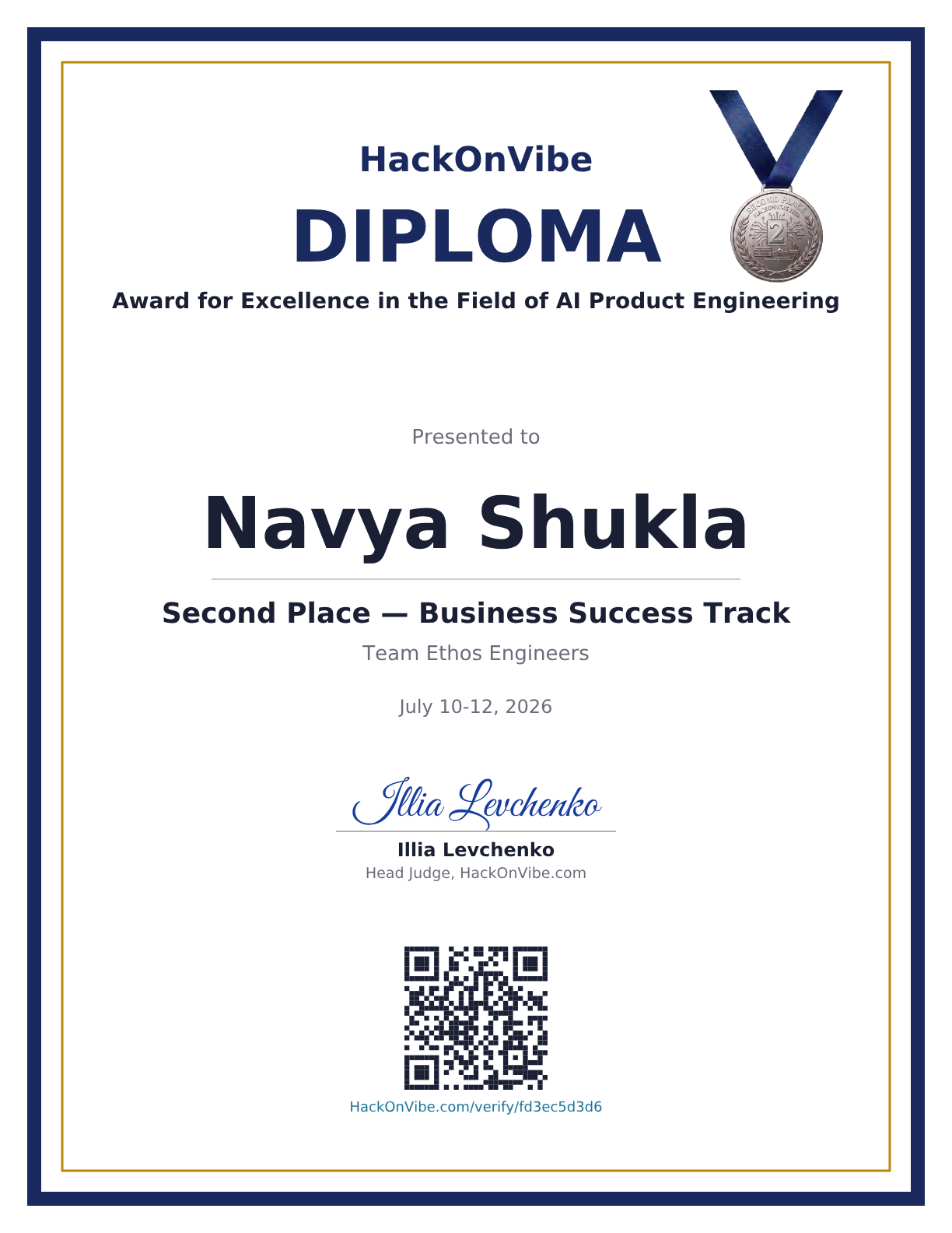 Award for Excellence in the Field of AI Product Engineering — Navya Shukla, Second Place — Business Success Track, Team Ethos Engineers