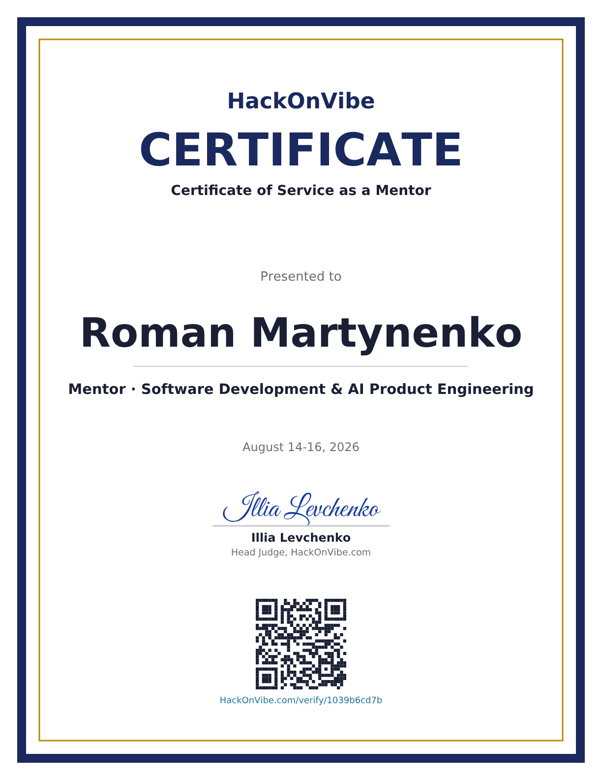 Certificate of Service as a Mentor — Roman Martynenko, Mentor · Software Development & AI Product Engineering