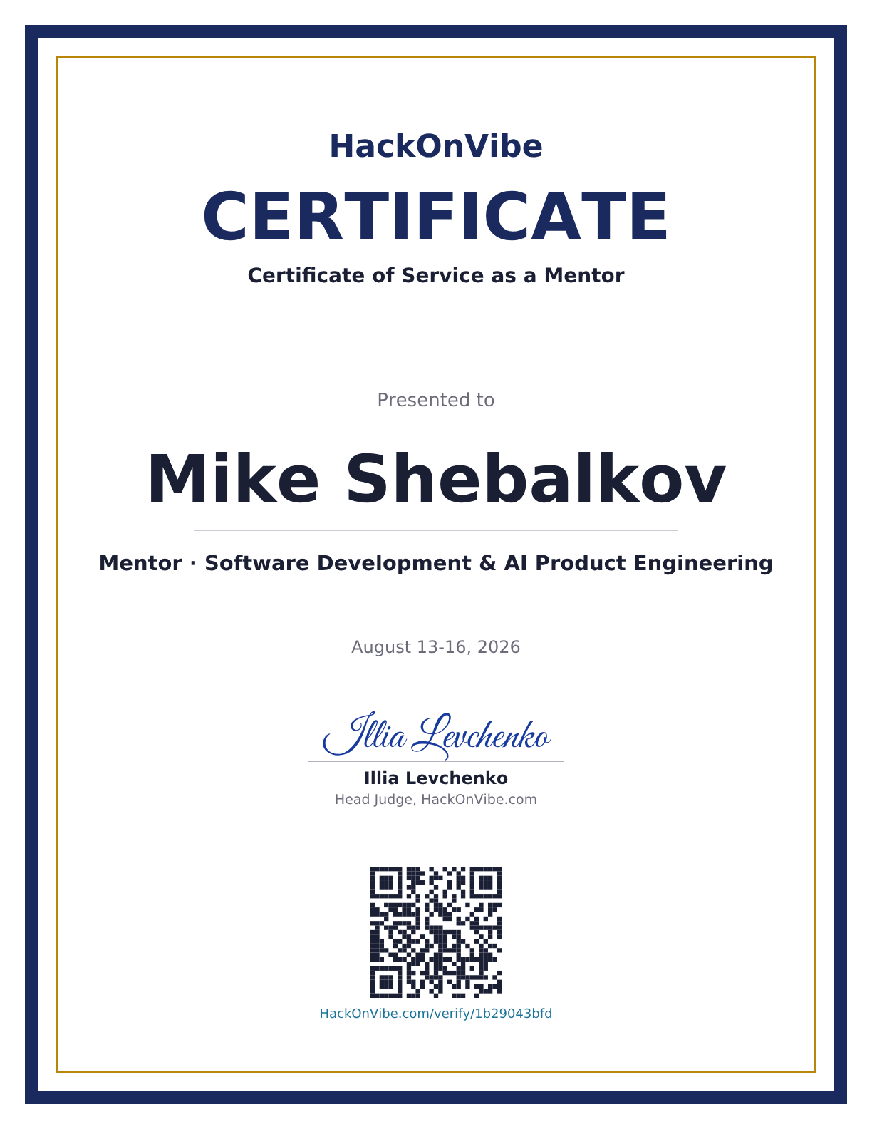 Certificate of Service as a Mentor — Mike Shebalkov, Mentor · Software Development & AI Product Engineering