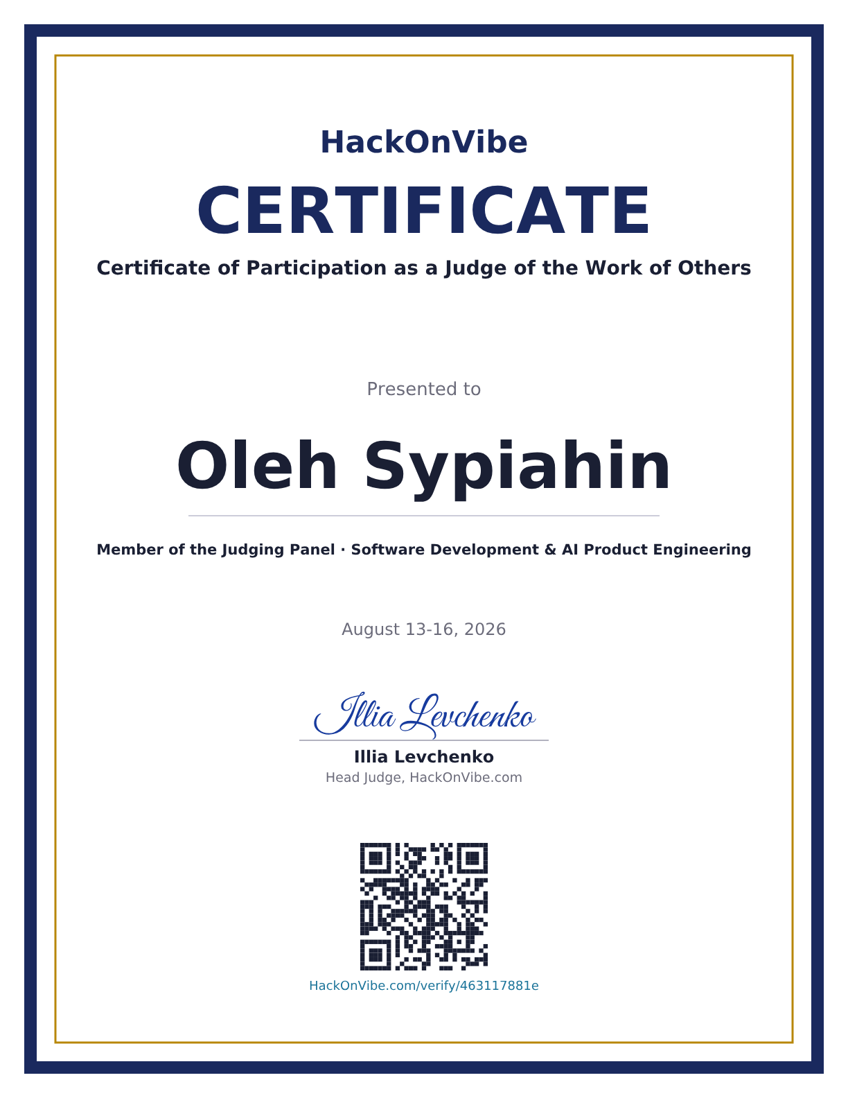 Certificate of Participation as a Judge of the Work of Others — Oleh Sypiahin, Member of the Judging Panel · Software Development & AI Product Engineering