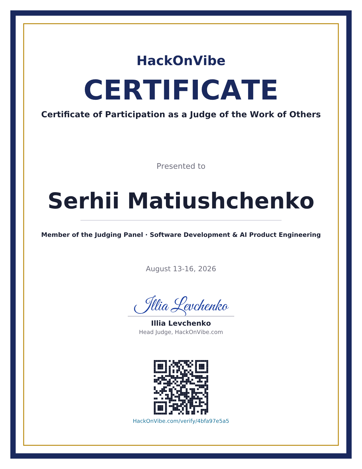 Certificate of Participation as a Judge of the Work of Others — Serhii Matiushchenko, Member of the Judging Panel · Software Development & AI Product Engineering