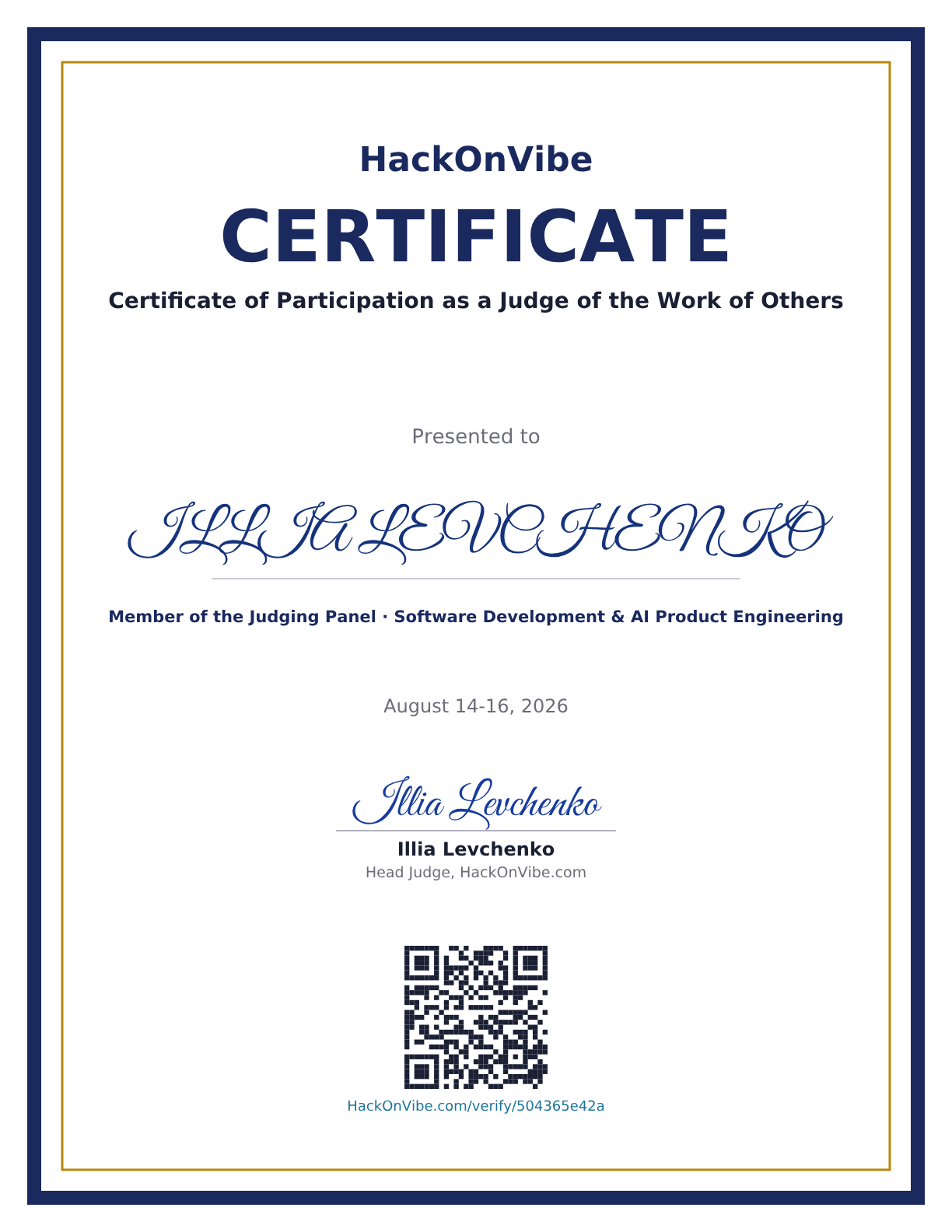 Certificate of Participation as a Judge of the Work of Others — ILLIA LEVCHENKO, Member of the Judging Panel · Software Development & AI Product Engineering