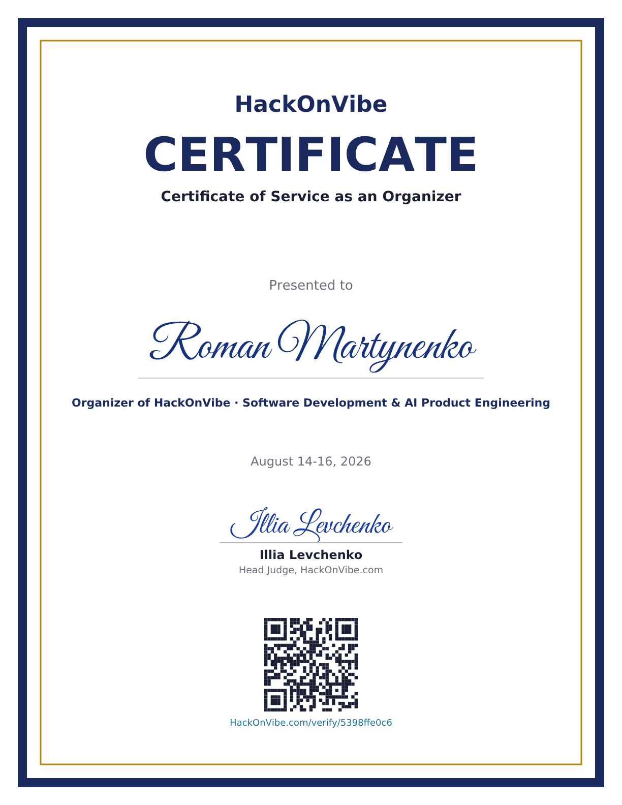 Certificate of Service as an Organizer — Roman Martynenko, Organizer of HackOnVibe · Software Development & AI Product Engineering