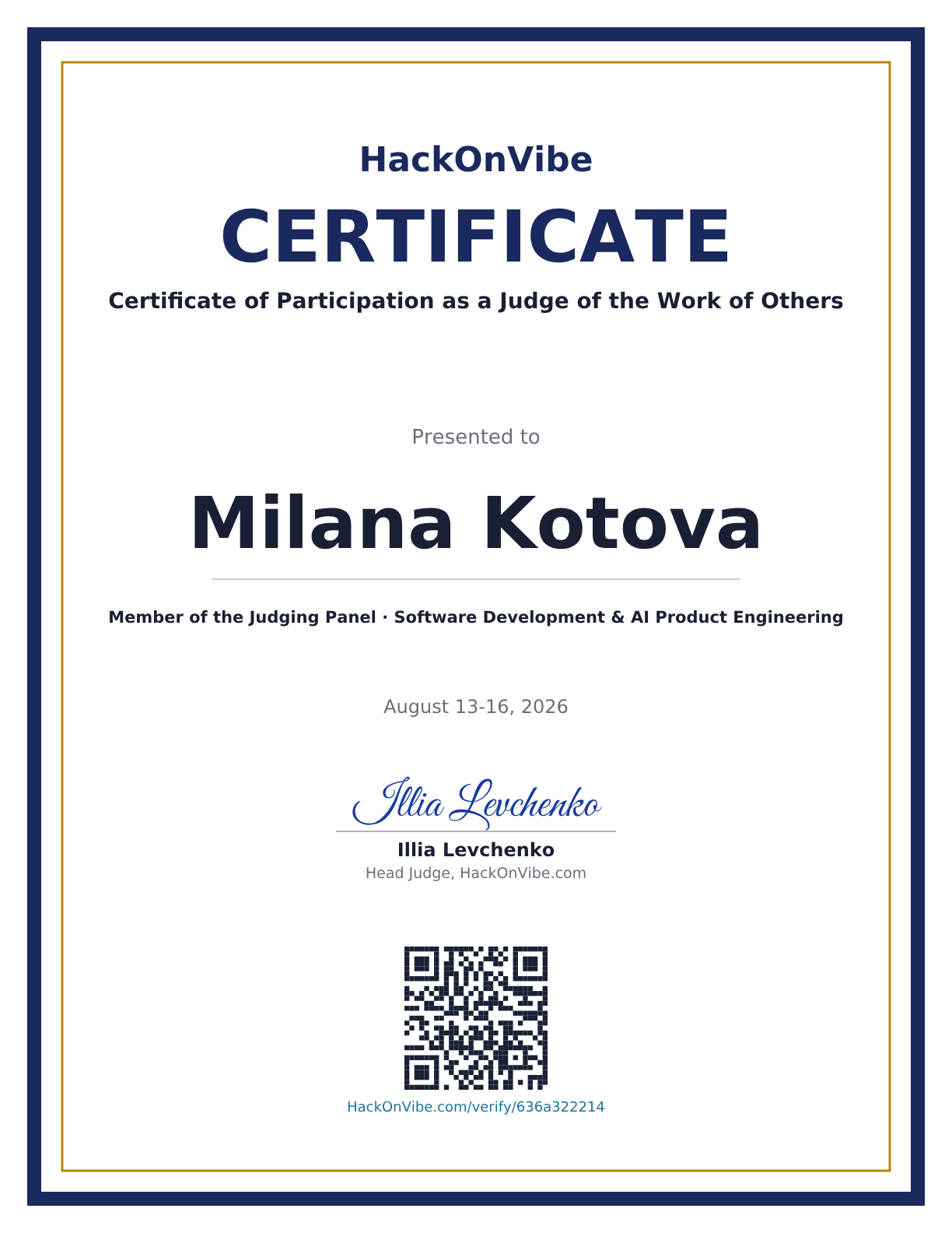 Certificate of Participation as a Judge of the Work of Others — Milana Kotova, Member of the Judging Panel · Software Development & AI Product Engineering