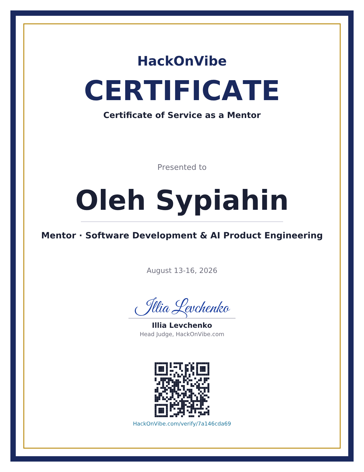 Certificate of Service as a Mentor — Oleh Sypiahin, Mentor · Software Development & AI Product Engineering