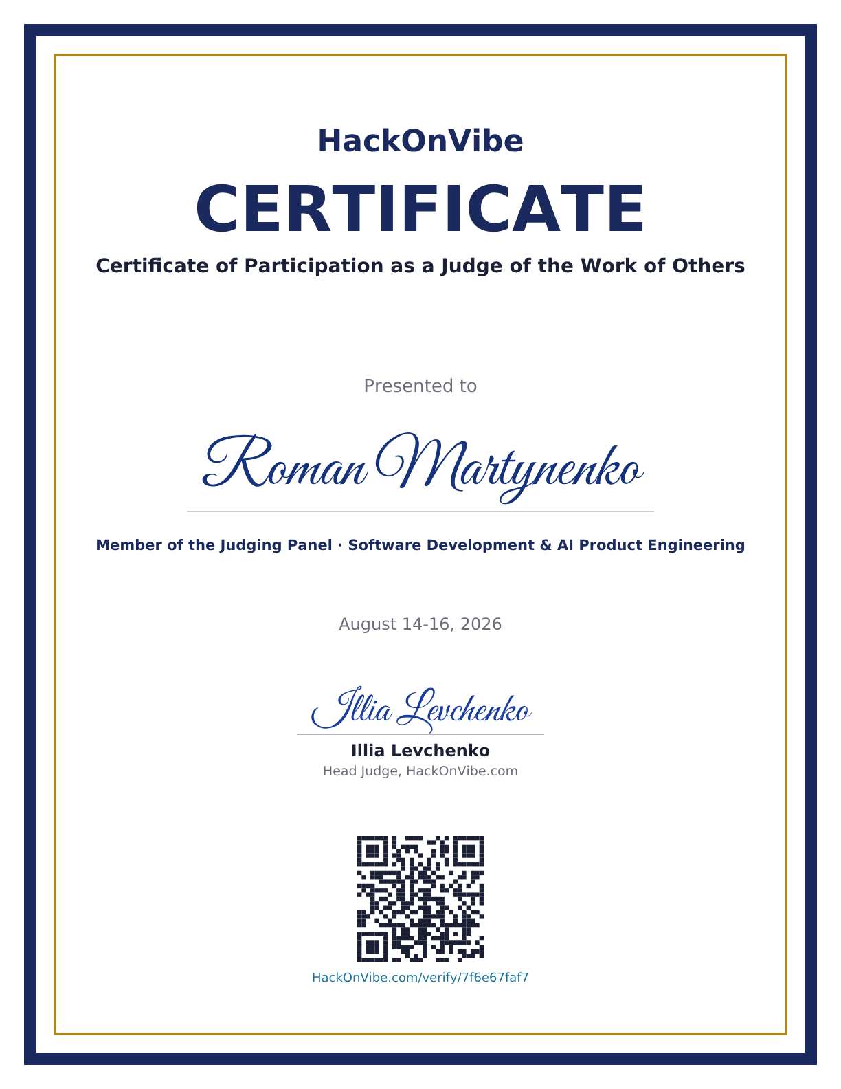 Certificate of Participation as a Judge of the Work of Others — Roman Martynenko, Member of the Judging Panel · Software Development & AI Product Engineering