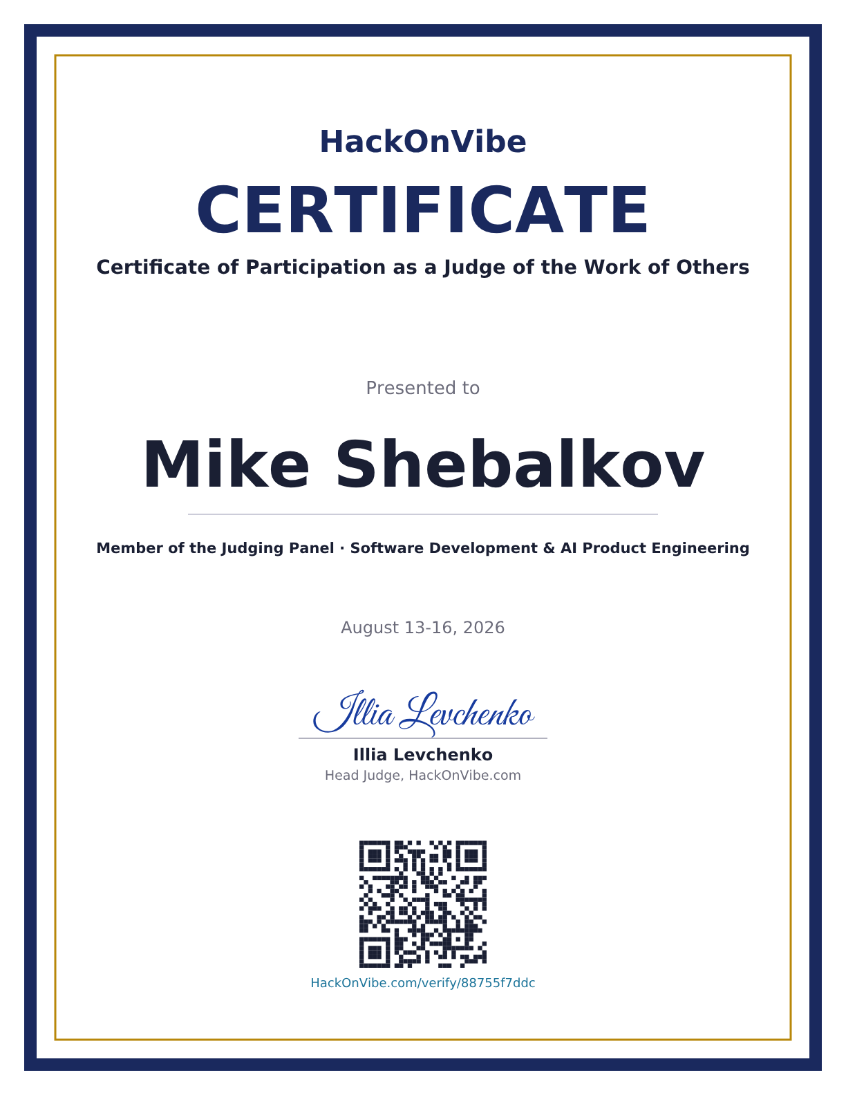 Certificate of Participation as a Judge of the Work of Others — Mike Shebalkov, Member of the Judging Panel · Software Development & AI Product Engineering