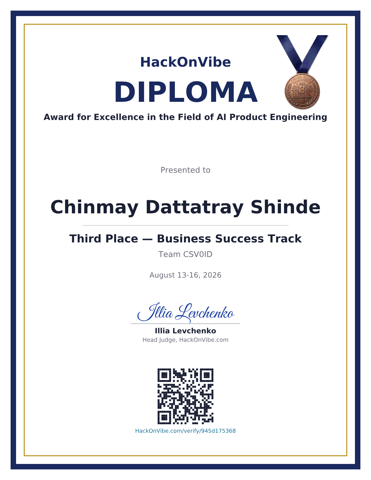 Award for Excellence in the Field of AI Product Engineering — Chinmay Dattatray Shinde, Third Place — Business Success Track, Team CSV0ID