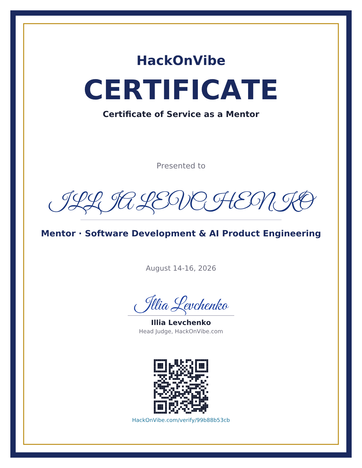 Certificate of Service as a Mentor — ILLIA LEVCHENKO, Mentor · Software Development & AI Product Engineering