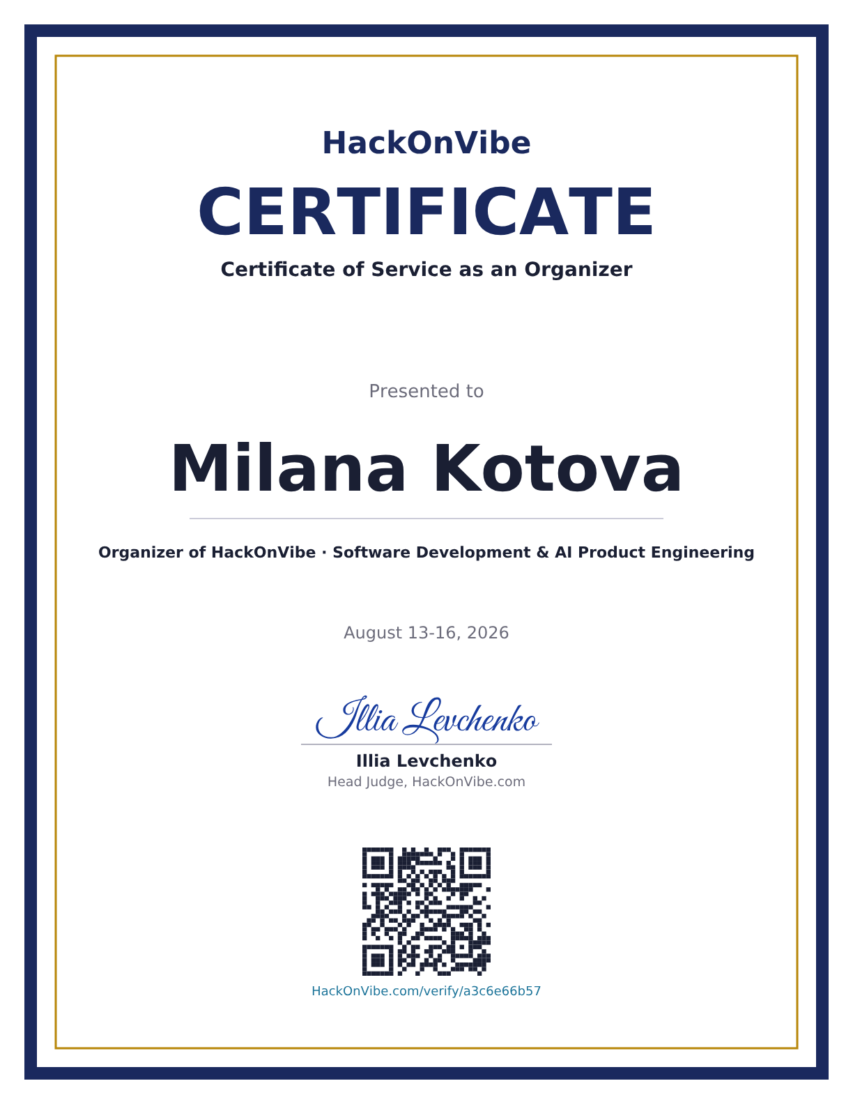 Certificate of Service as an Organizer — Milana Kotova, Organizer of HackOnVibe · Software Development & AI Product Engineering