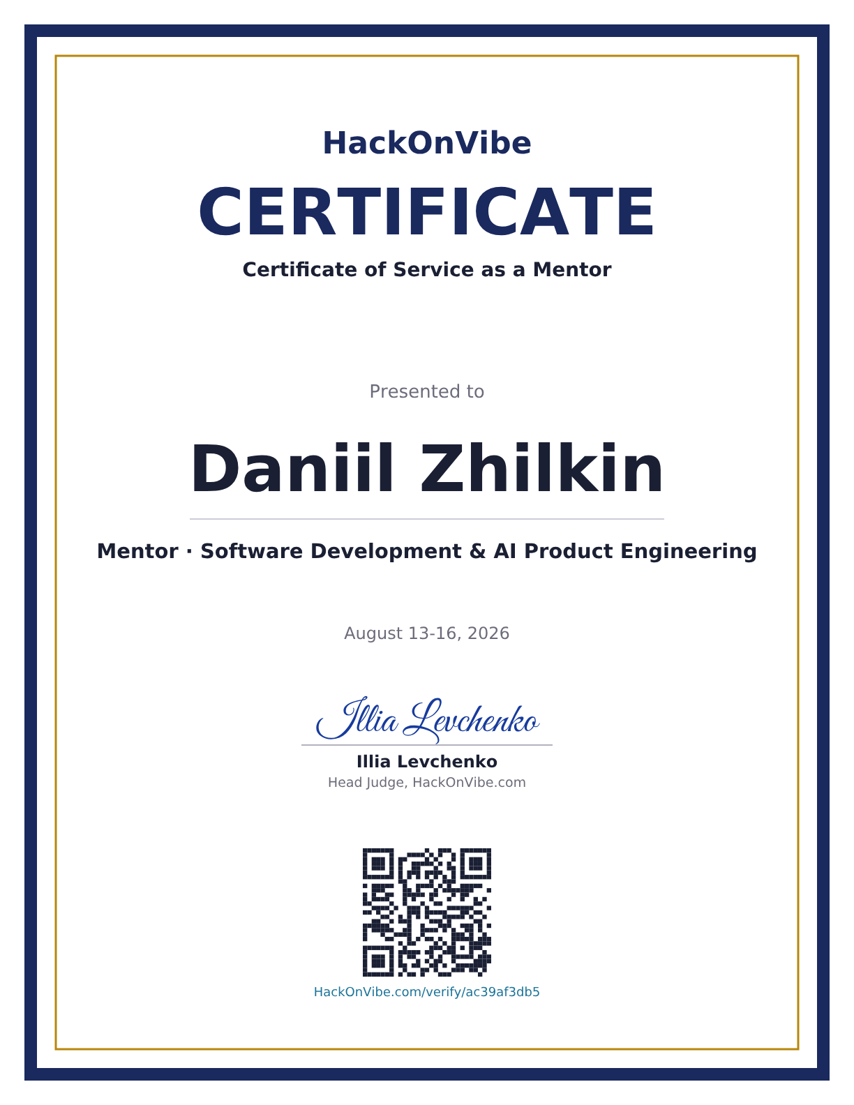 Certificate of Service as a Mentor — Daniil Zhilkin, Mentor · Software Development & AI Product Engineering