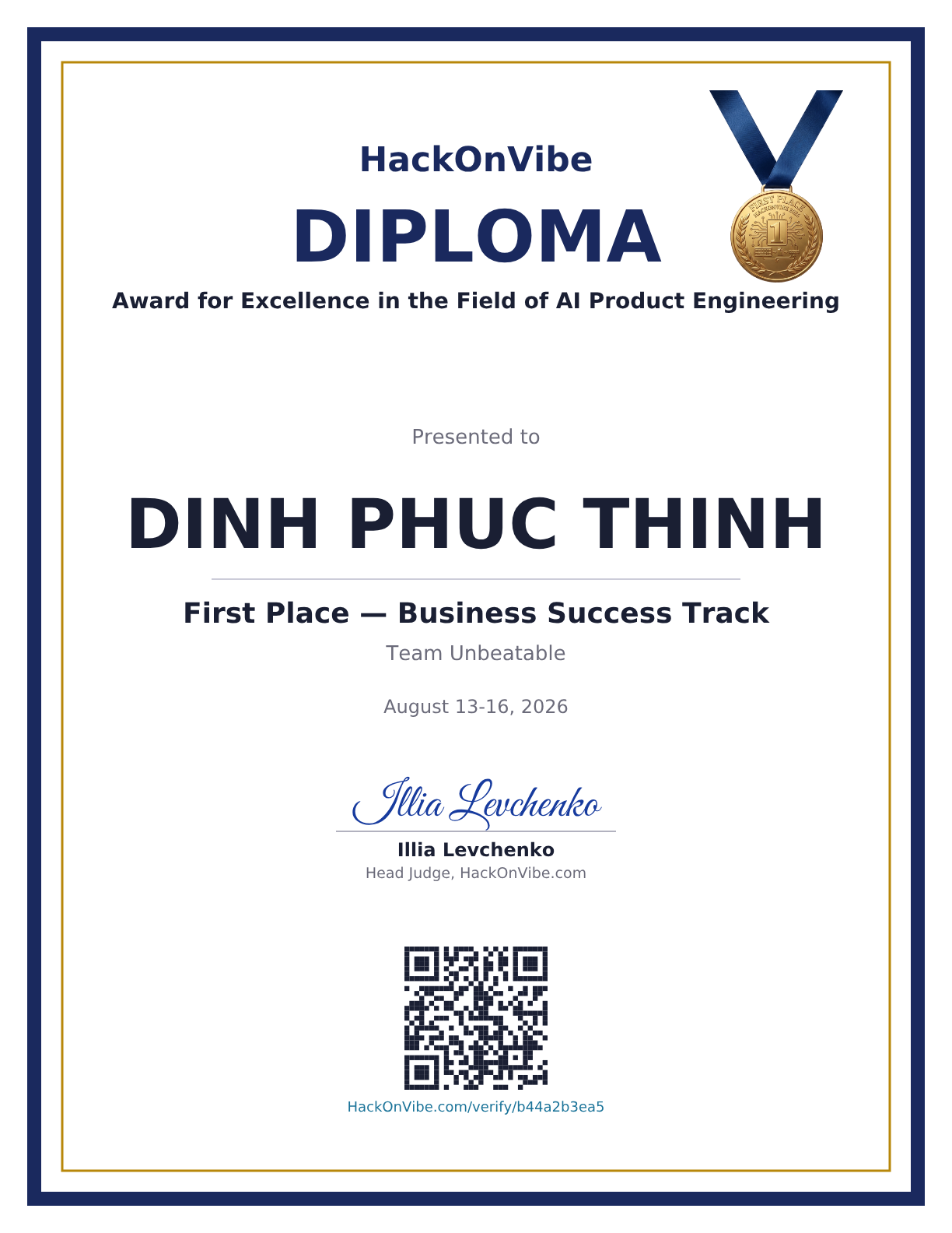 Award for Excellence in the Field of AI Product Engineering — DINH PHUC THINH, First Place — Business Success Track, Team Unbeatable