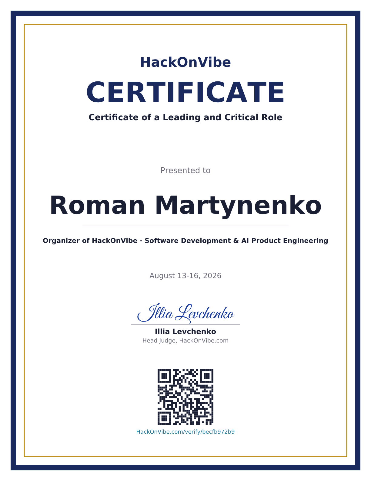 Certificate of a Leading and Critical Role — Roman Martynenko, Organizer of HackOnVibe · Software Development & AI Product Engineering