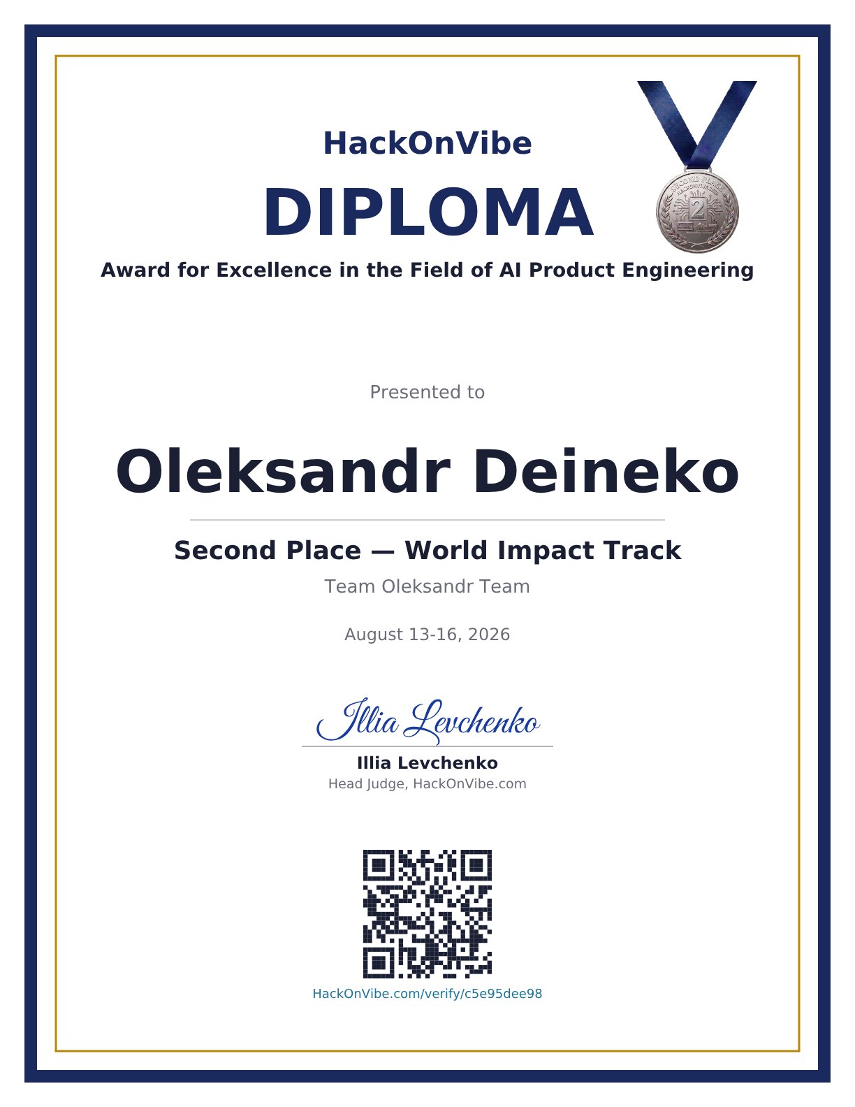 Award for Excellence in the Field of AI Product Engineering — Oleksandr Deineko, Second Place — World Impact Track, Team Oleksandr Team