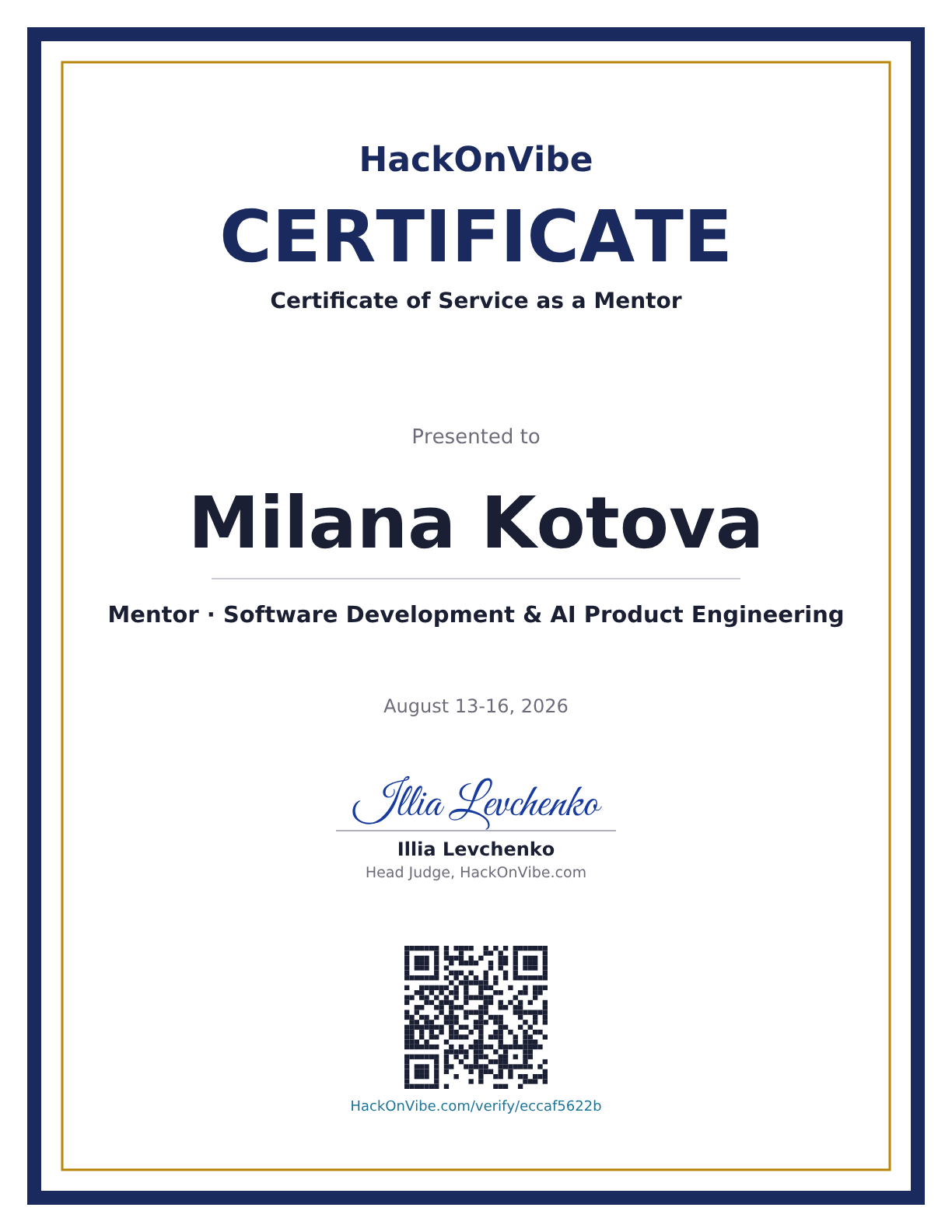 Certificate of Service as a Mentor — Milana Kotova, Mentor · Software Development & AI Product Engineering