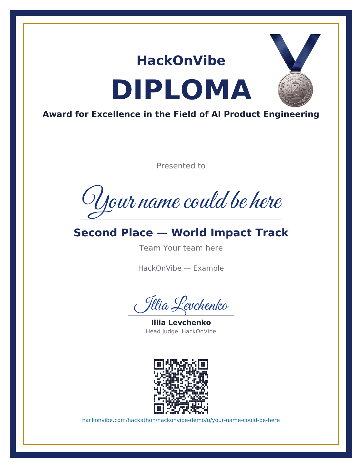 Award for Excellence in the Field of AI Product Engineering — Your name could be here, Second Place — World Impact Track, Team Your team here